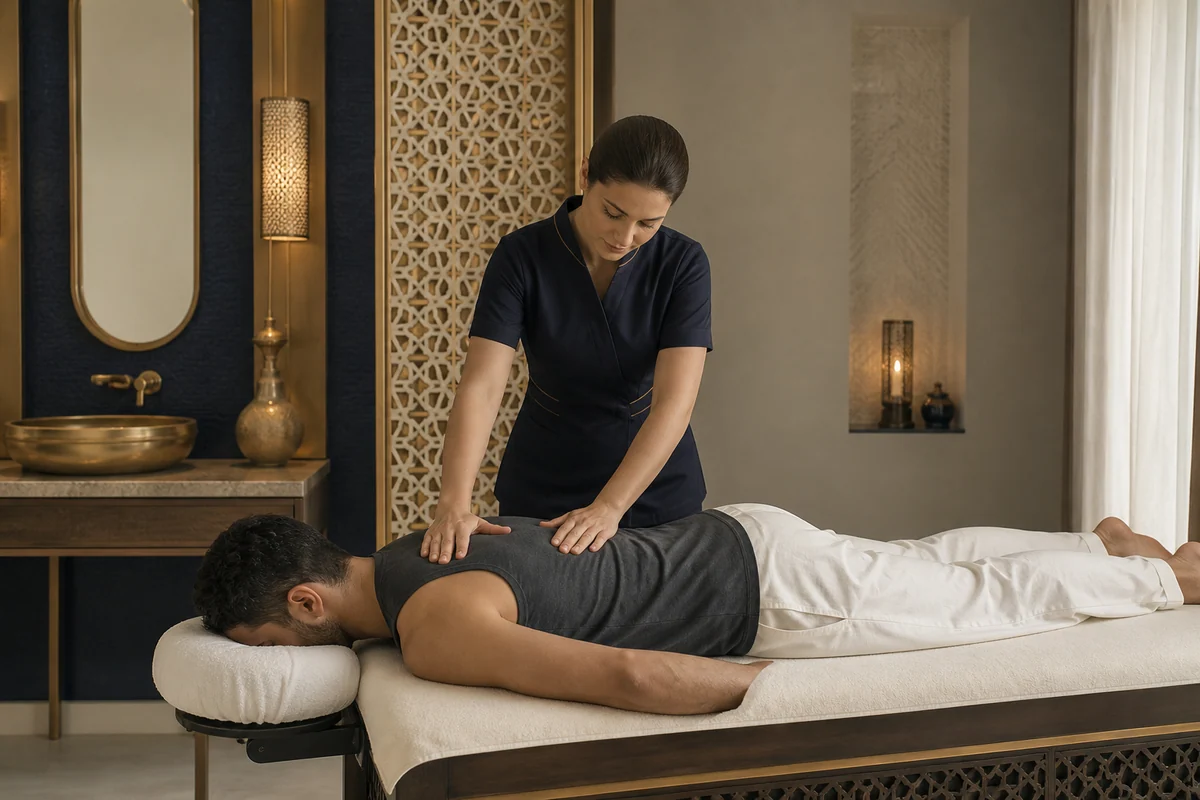 Guest in massage clothing receiving professional shoulder pressure in an Arabic-inspired spa